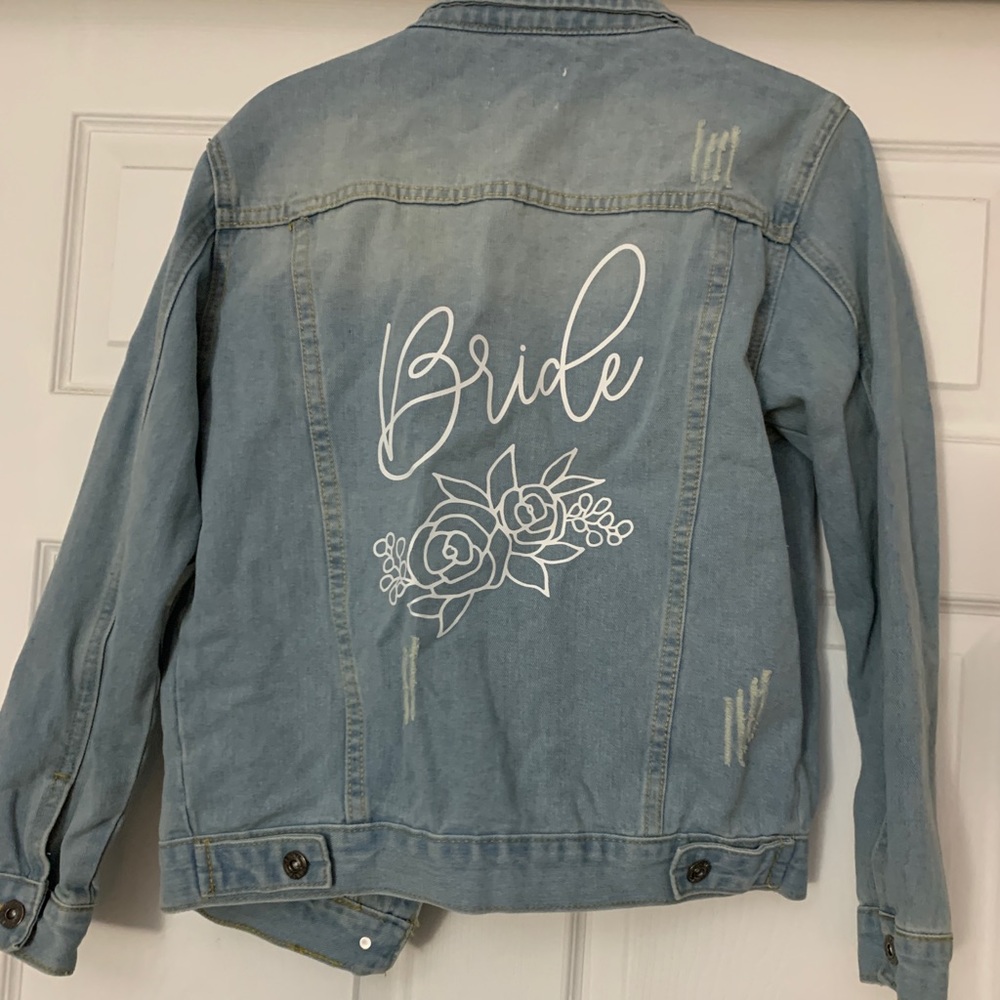 Bride Light Blue Denim Jacket with Floral Script